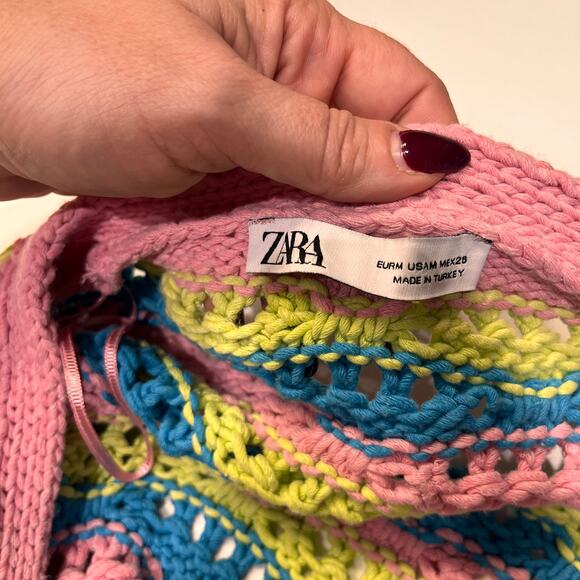 Zara Pastel Striped Openwork Knitted Cardigan Sweater Size Medium - Picture 3 of 6